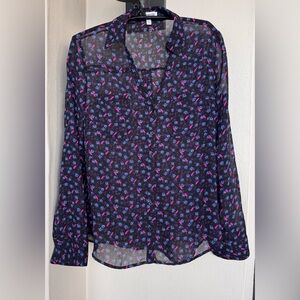 Express Portofino Black Long Sleeve Semi-Sheer Blouse Bird/Floral Print XS
